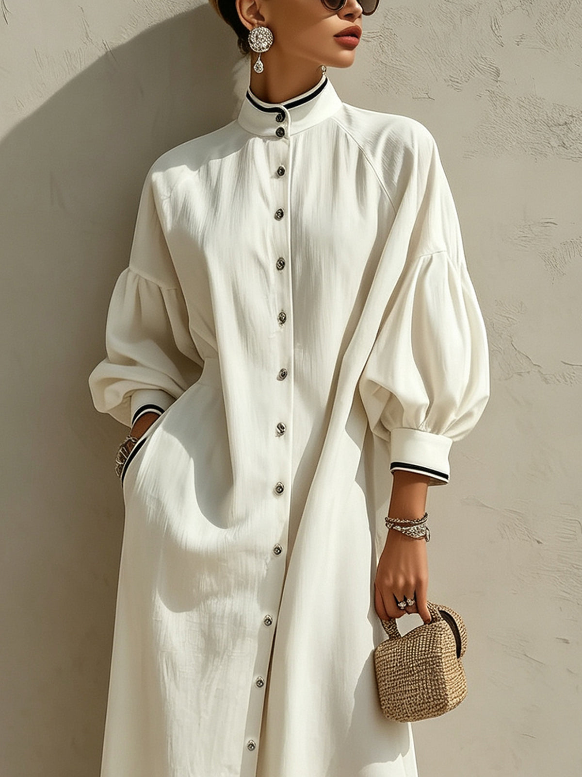 Ivory Contrast-Trim Lantern Sleeve Button-Front Midi Dress