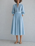 Women's Elegant Casual Light Blue Linen Embroidered Stand-Collar Three-Quarter Sleeve Midi Dress MDZ2034G2CMX