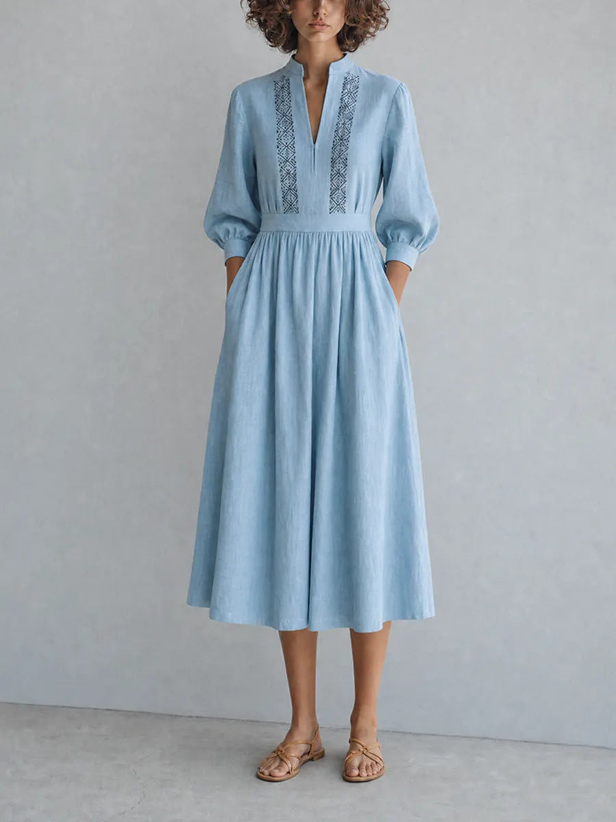 Women's Elegant Casual Light Blue Linen Embroidered Stand-Collar Three-Quarter Sleeve Midi Dress MDZ2034G2CMX