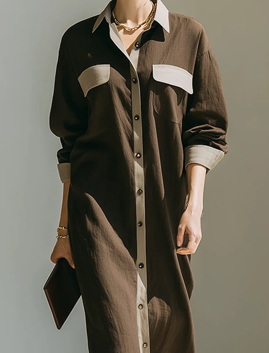 Women's Minimalist Solid Brown & Contrast-Color Linen Midi Shirt Dress MDZ0793G7ZRK