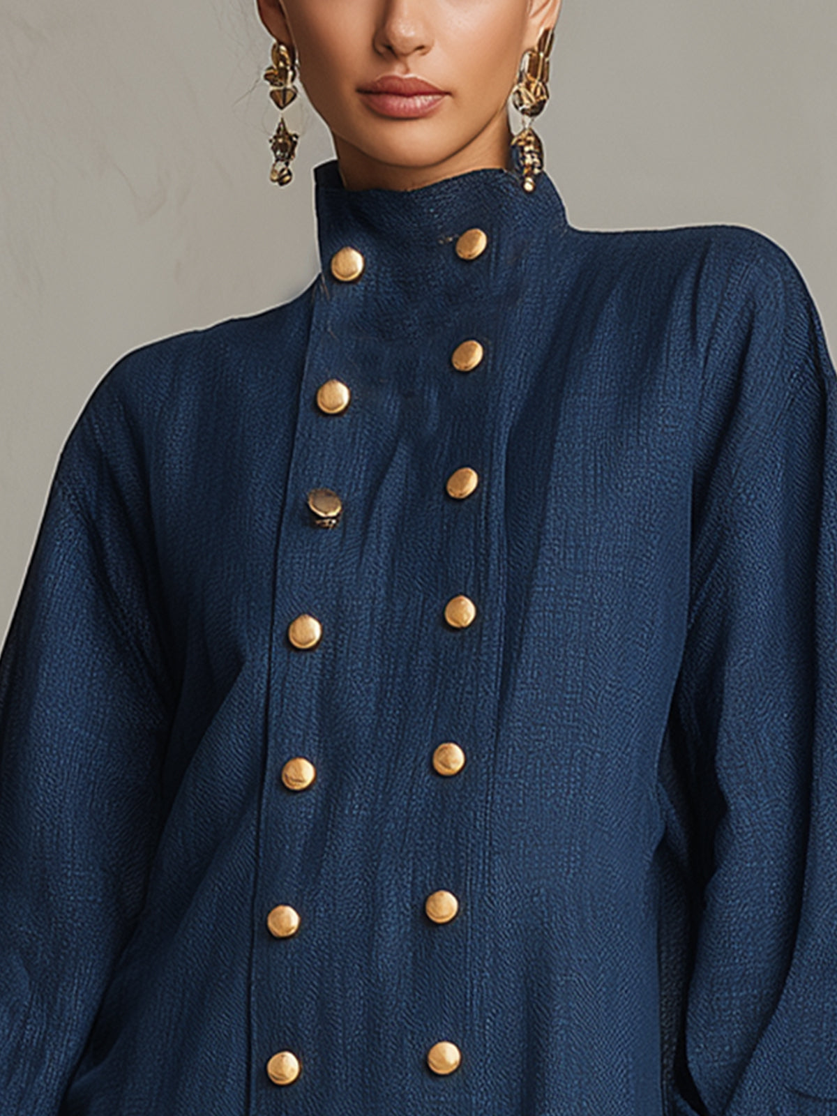 Navy High Neck Button Detail Ruffle Hem Mini Dress