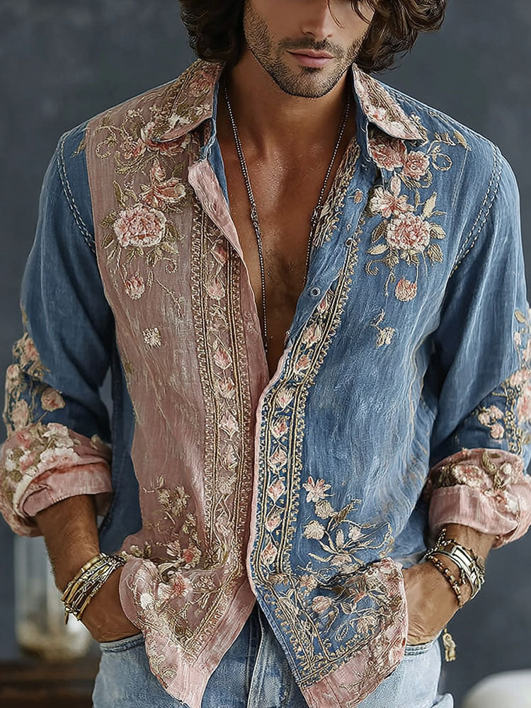 Men's Retro Floral Art Print Flowy Linen Blend Casual Shirt