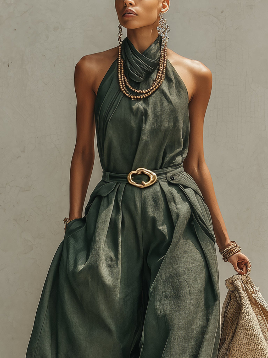 Green Linen Blend Sleeveless Jumpsuit