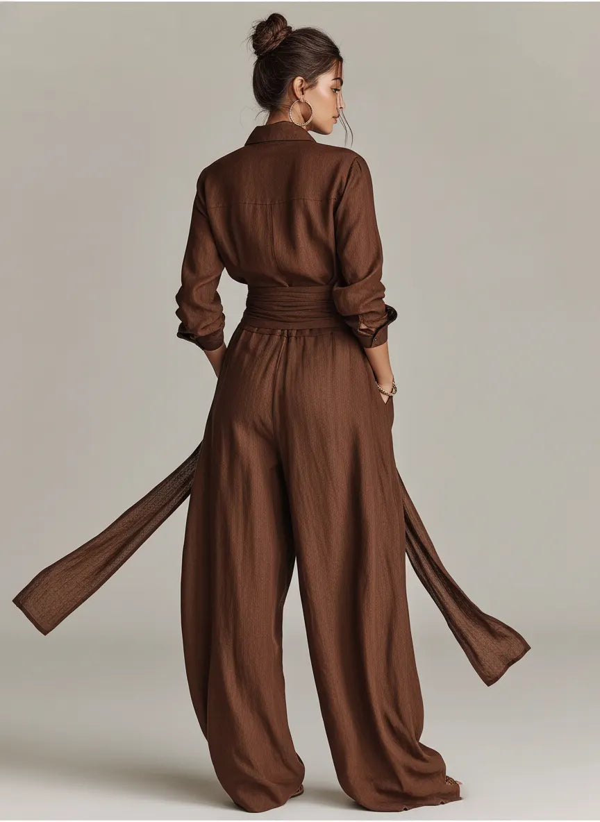 Women's Elegant Brown Woven Cotton-linen Long-sleeved Shirt Collar Jumpsuit With Belt