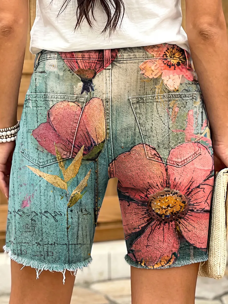 Ethnicity Flowers Women's Art Print Casual Denim Shorts