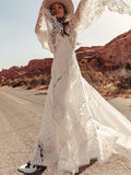 White Color Hollow Long Sleeve Bohemia Maxi Dress