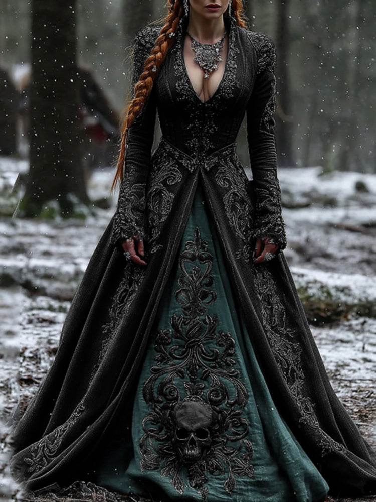 Women's Vintage Viking Skull Embroidery V Neck Casual Maxi Dress