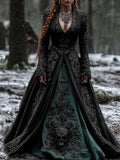 Women's Vintage Viking Skull Embroidery V Neck Casual Maxi Dress