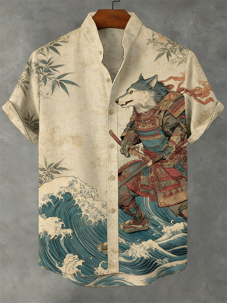 Japanese Wolf Samurai Sea Waves Linen Shirt