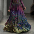 Vintage Classy Gradient Peacock With Floral Embroidered Art Linen Blend Casual Skirt