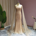 Dreamy Vow Luxury Dubai Pink Mermaid Evening Dress with Cape Sleeve Arabic Gold Formal Dresses for Women Wedding Party 024