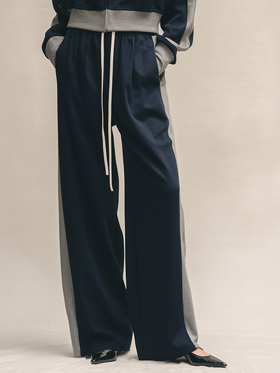 Women's Two-Tone Soft Cotton-Blend Co-Ord With Color Block Stand Collar Jacket & Side Pocket Loose Palazzo Trousers, Minimalist Athleisure Daily Two-Piece Set (Inner layer not included) MDZ1308G5LYL