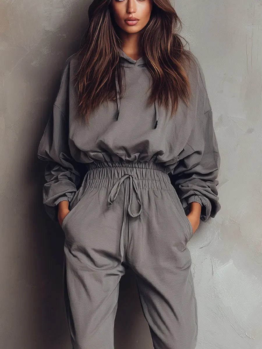 Loose Grey Hooded Long-sleeved Elastic Waist Sports Jumpsuit