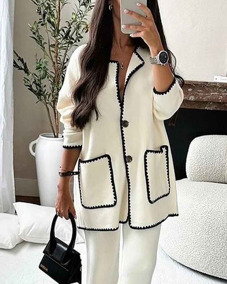 Edge Decorated Jacket Casual Pants Two-piece Set