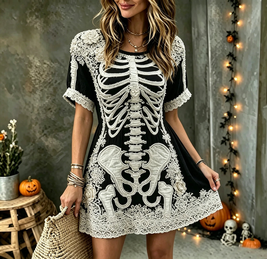 Women's Vintage Halloween Rose And Human Skeleton Art Crew Neck Short Sleeve Mini Dress