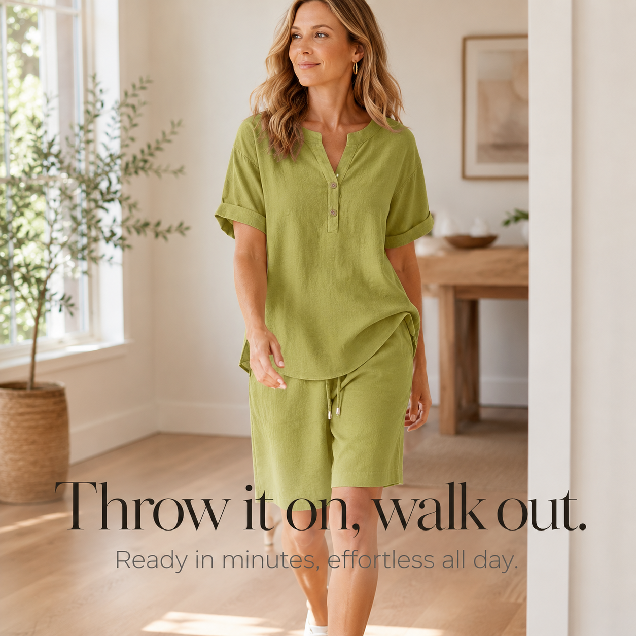 Lunessa – Cotton Linen 2 Piece Set Women Henley Top and Drawstring Shorts