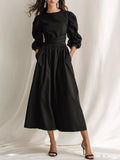 Women's Elegant Black Cotton Blend Round Neck Puff Sleeve Smocked Waist Midi Dress MDZ1769G5ZSQ