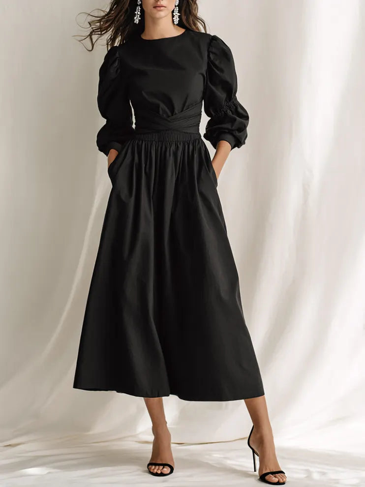 Women's Elegant Black Cotton Blend Round Neck Puff Sleeve Smocked Waist Midi Dress MDZ1769G5ZSQ