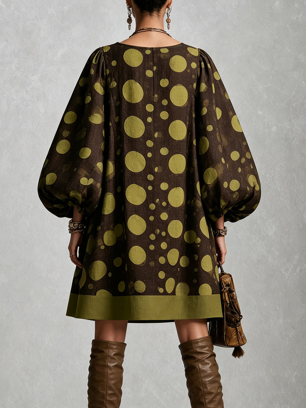 Olive Polka Dot Balloon Sleeve Mini Dress