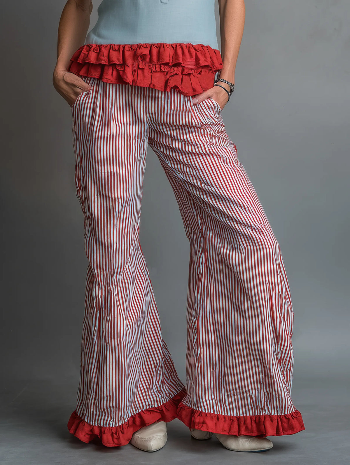 Women's Minimalist Camisole And Wide-leg Trousers Set With A Striped, Ruffled Hem MDZ3097F9WY