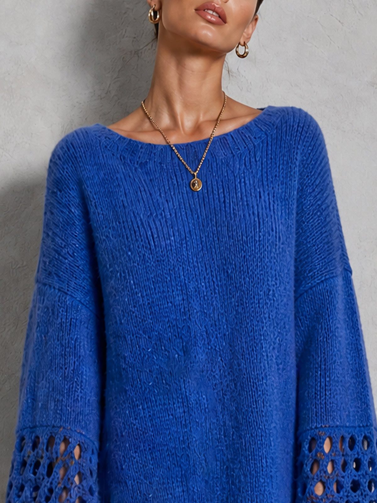Blue Openwork Bell Sleeve Fringe Hem Knit Mini Dress