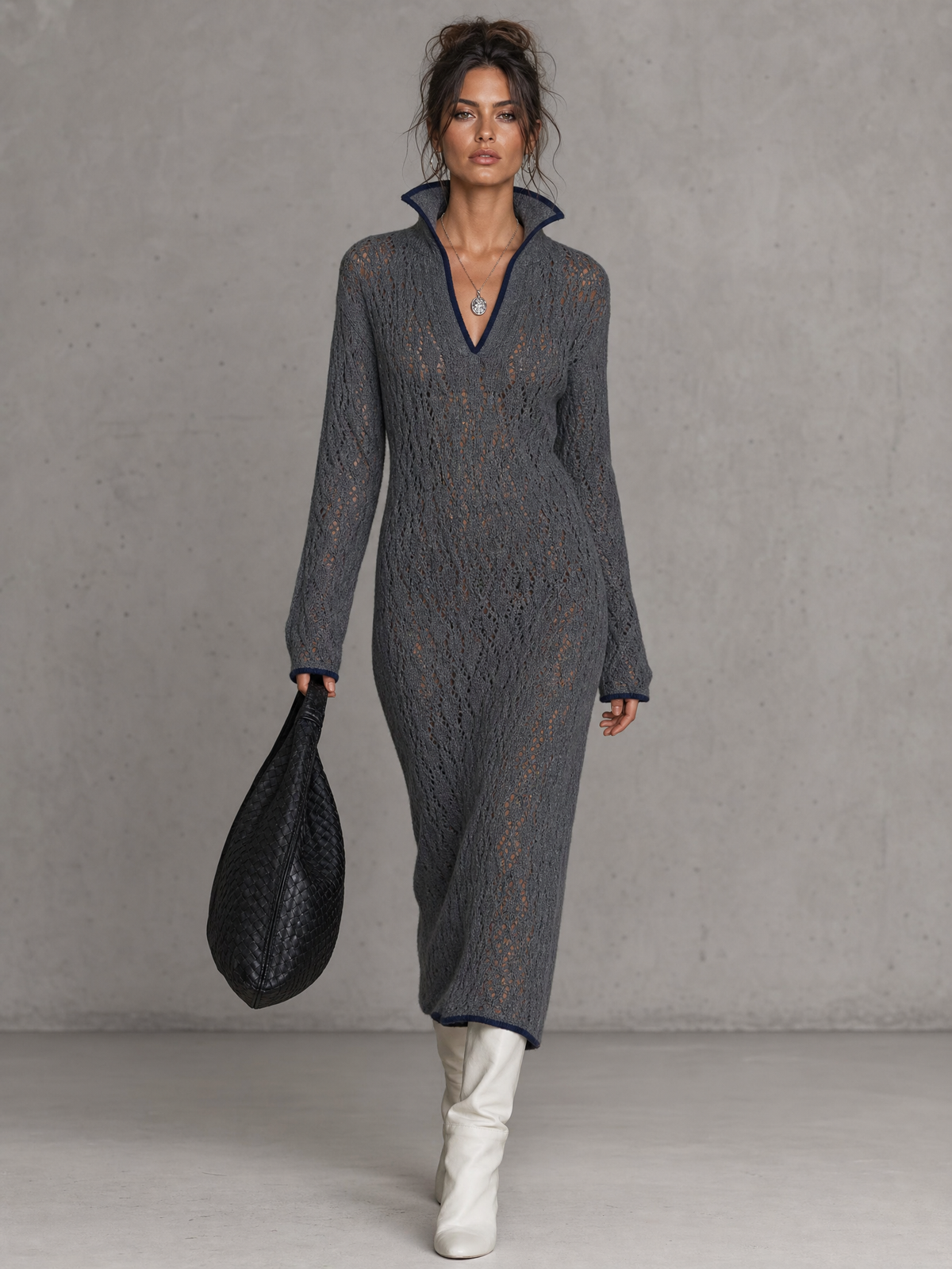 Women's Minimalist Pointelle Stand-Collar V-Neck Long-Sleeve Midi Knit Dress MDZ2159G8WY