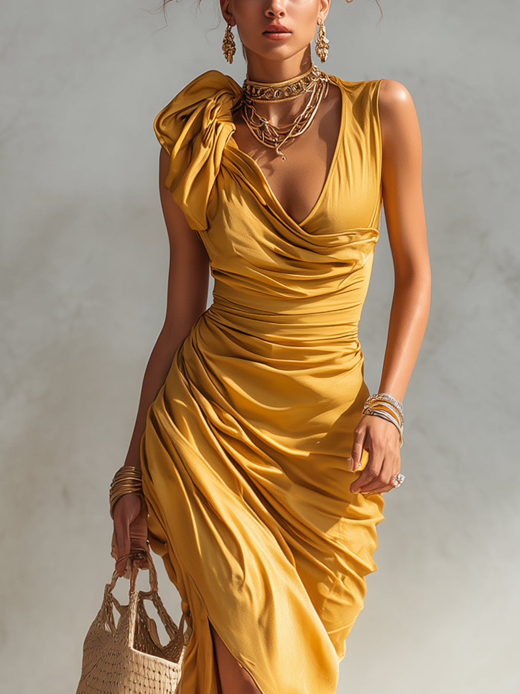 Sunlit Mustard Ruched Bodycon Dress
