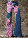 Women's Pink Heart-patterned Patchwork Art Print Casual Washed Pants