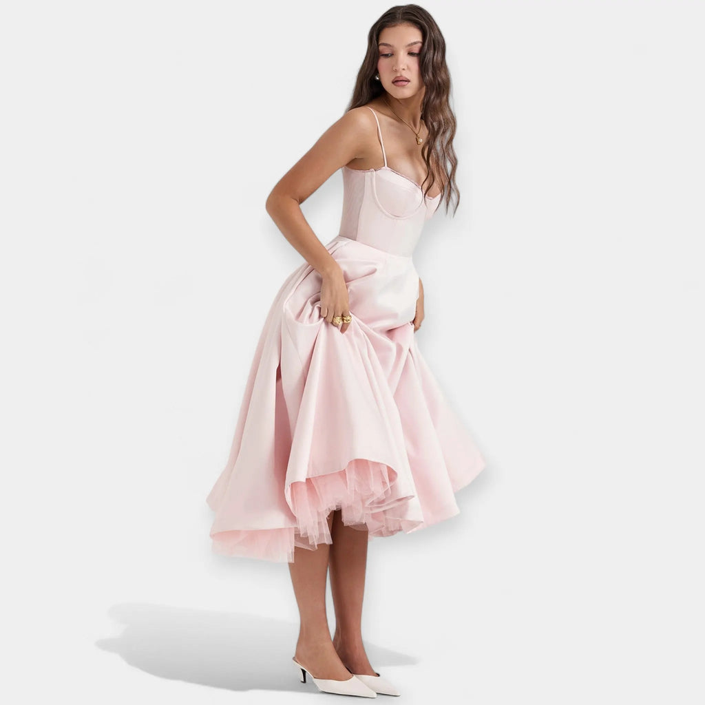 Midi Dress with Tulle Sheer Details