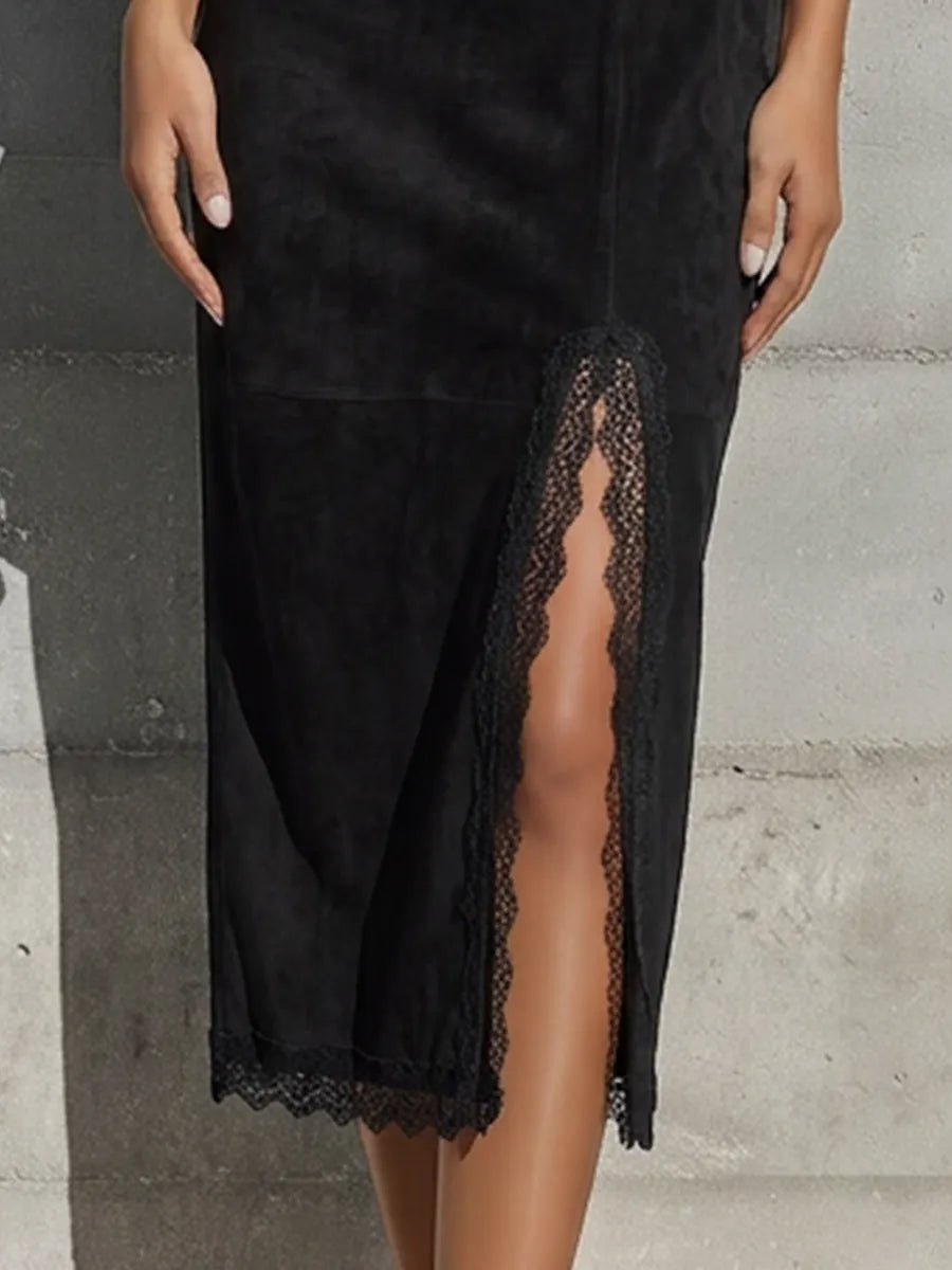 Women’s Black Faux Suede Crew Neck Flare Three Quarter Sleeve Lace Trim Front High Slit Midi Bodycon Dress MDZ0762G2YZJ