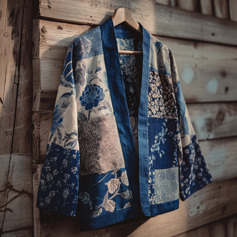 Vintage Japanese Traditional Sashiko Patchwork Art Print Cotton And Linen Blend Kimono Cardigan