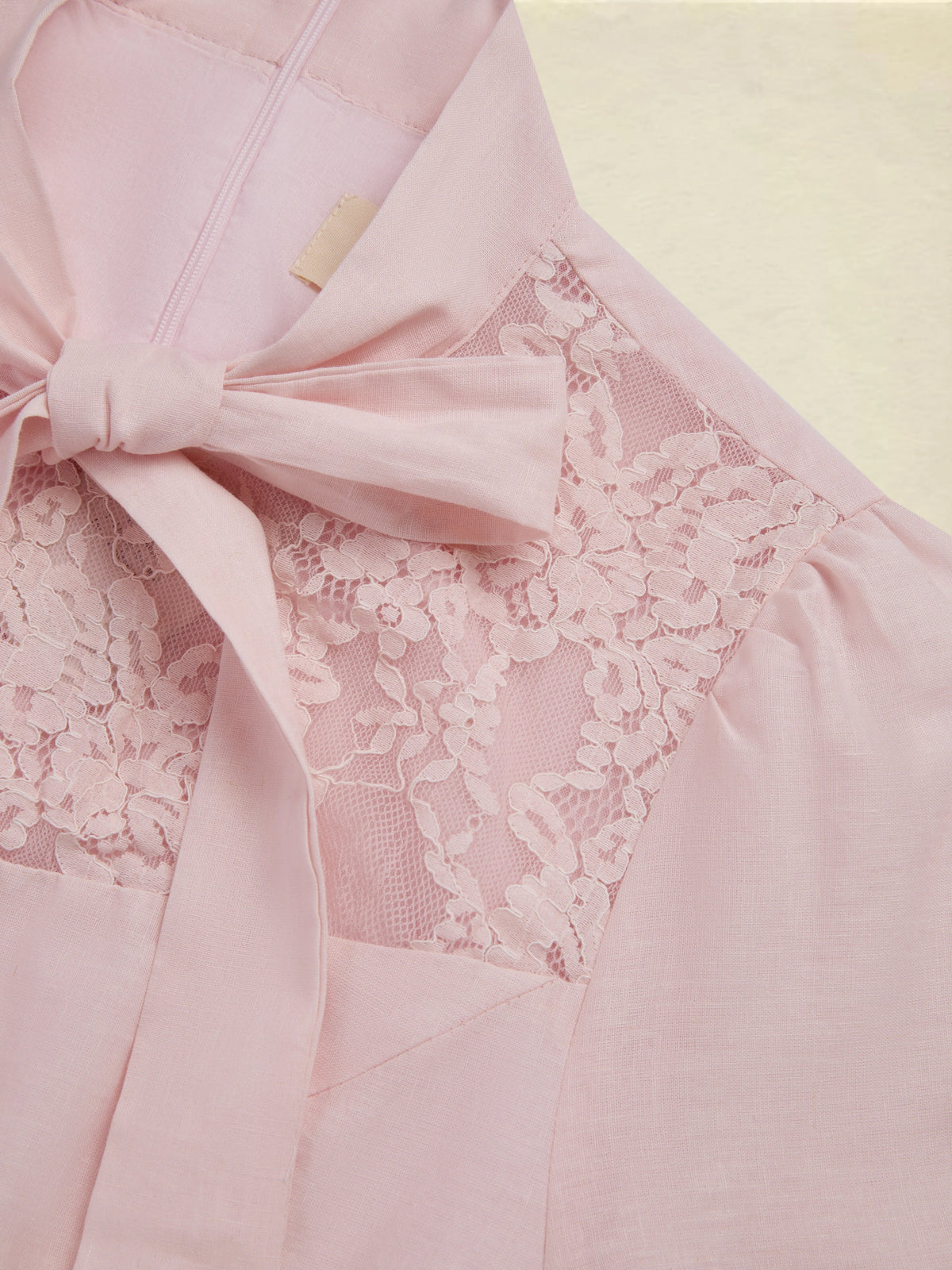Midi Linen Dress, Half Sleeve, Plain, Lace, French Vintage, Pink