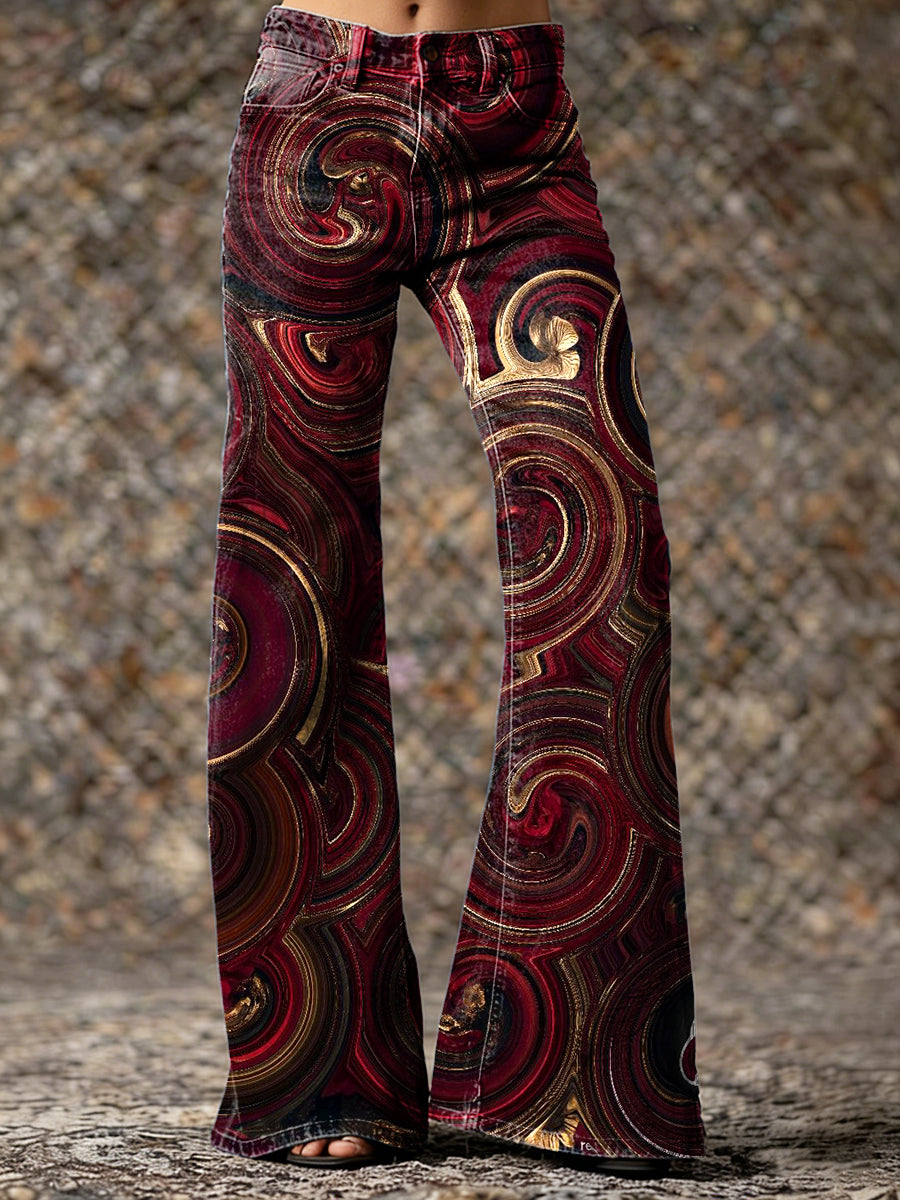 Women's Vintage Red Spiral Abstract Art Printed Casual Slim  Wide Leg Pants