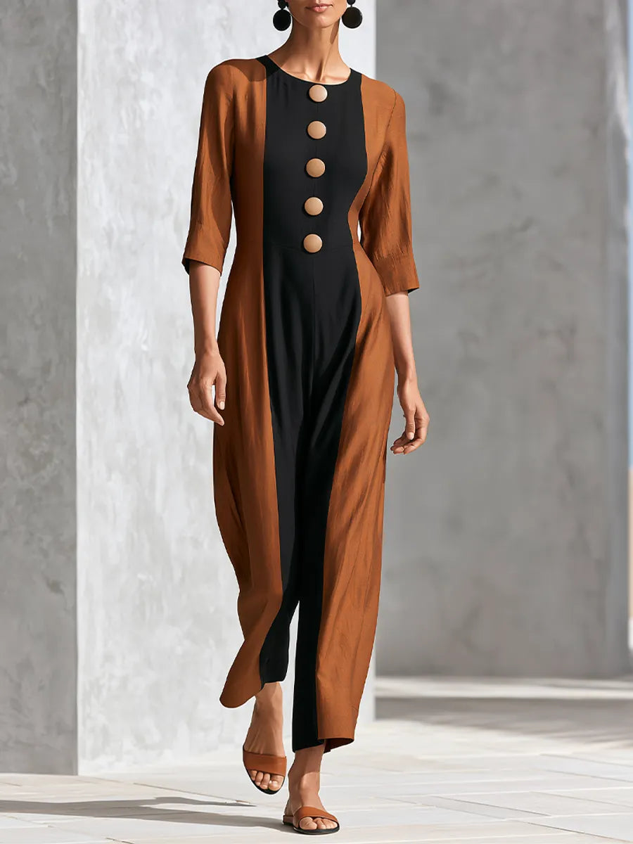 Women's Burnt Orange Black Color Block Jumpsuit With Mid Sleeve & Straight Ankle Cut, Minimalist Elegant Three Quarter Sleeve Ankle Jumpsuit MDZ1626G5LYL