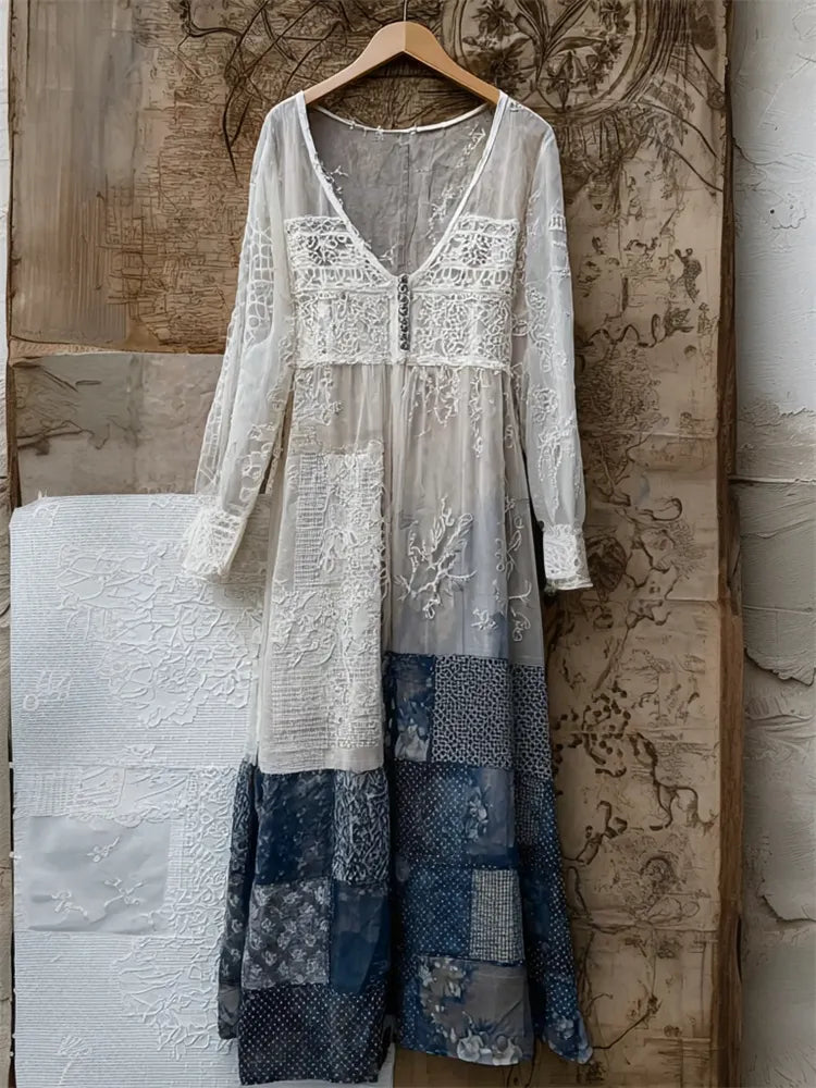 Japanese Floral Sashiko Patchwork Lace Flowy Maxi Dress