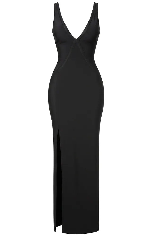 Scalloped Lace Backless Maxi Dress Black