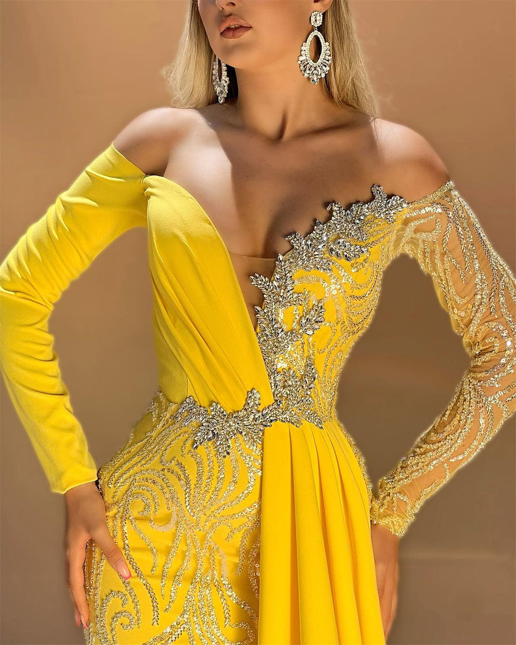 Women's Yellow Long Sleeve Sequined Dress