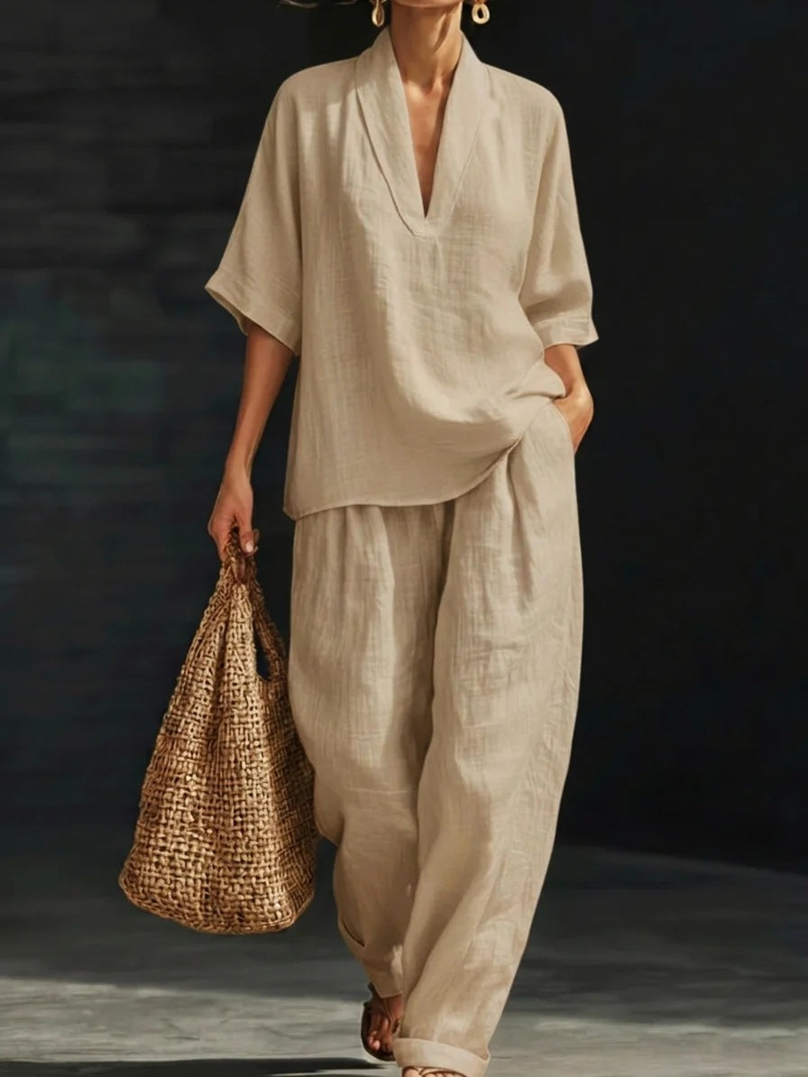Momocco Coastal Chic 2-Piece Set - V-Neck Linen-Textured Tunic & Wide-Leg Pants Lounge Set