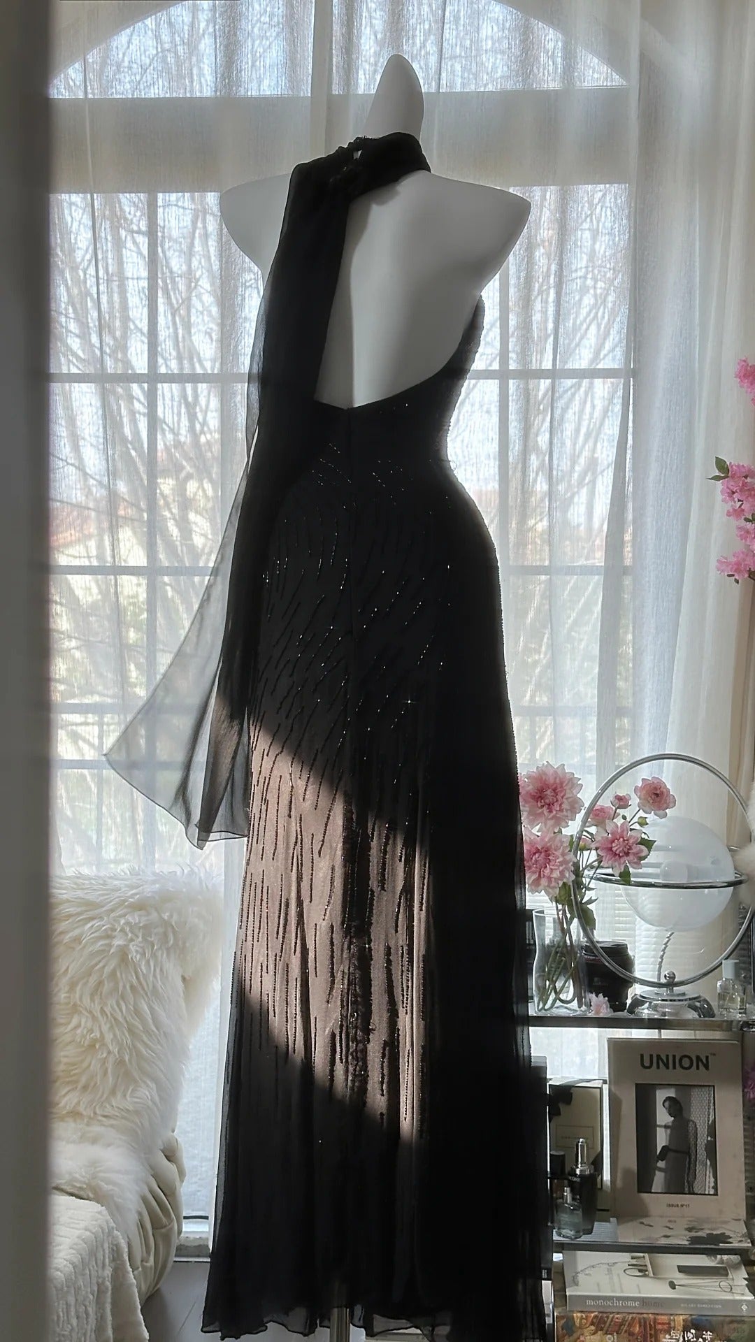 Black Shiny Vintage Elegant Romantic Delicate Pink Floral Beading Long Chiffon Homecoming Ball Gown Evening Dress Birthday/Wedding Guest/Holiday Party Dress Prom Dress
