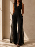 Quiet Luxury Lapel Collar Black Sleeveless Wide-Leg Jumpsuit