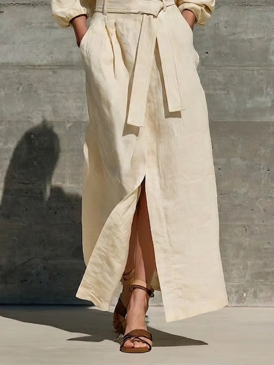 Women’s Cream Linen Twist Halter Off Shoulder Puff Elbow Sleeve Self Belt Waist Front Split Maxi Dress MDZ0278G5T