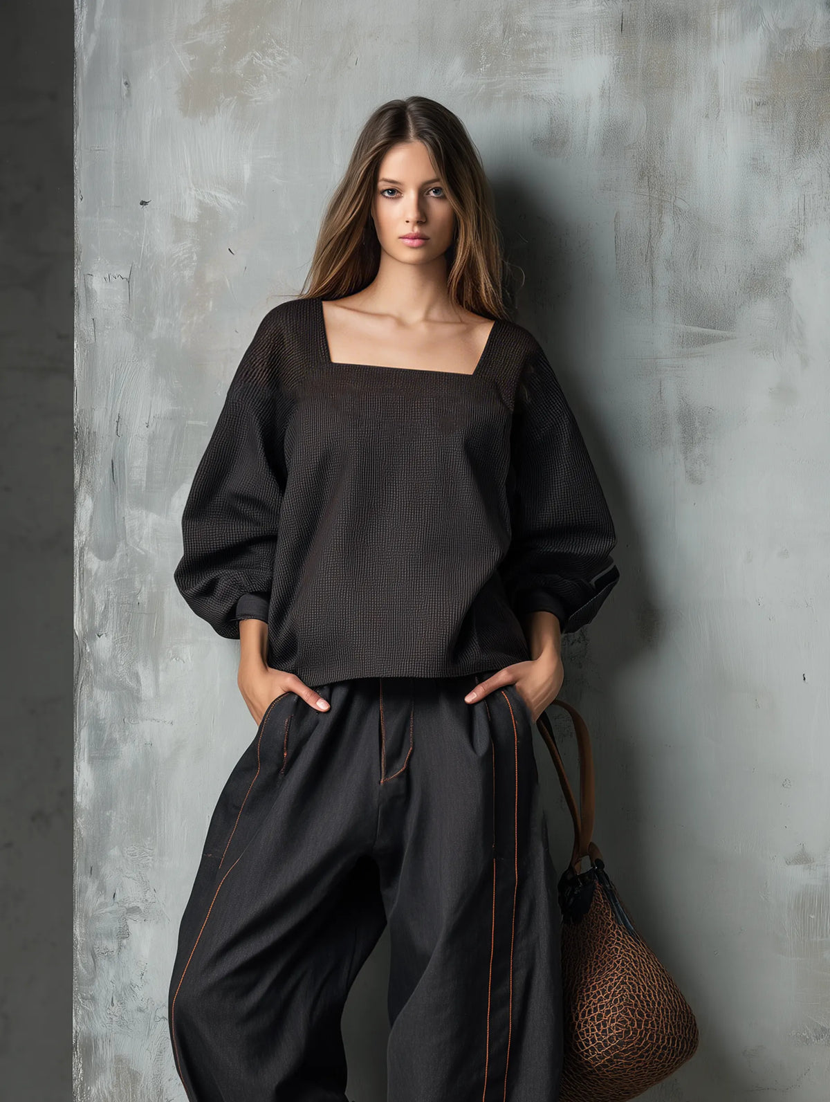Women's Casual Dark Brown Woven Long-sleeve Top With A Square Neckline, Paired With Black Woven Trousers MDZ2314G9LXY