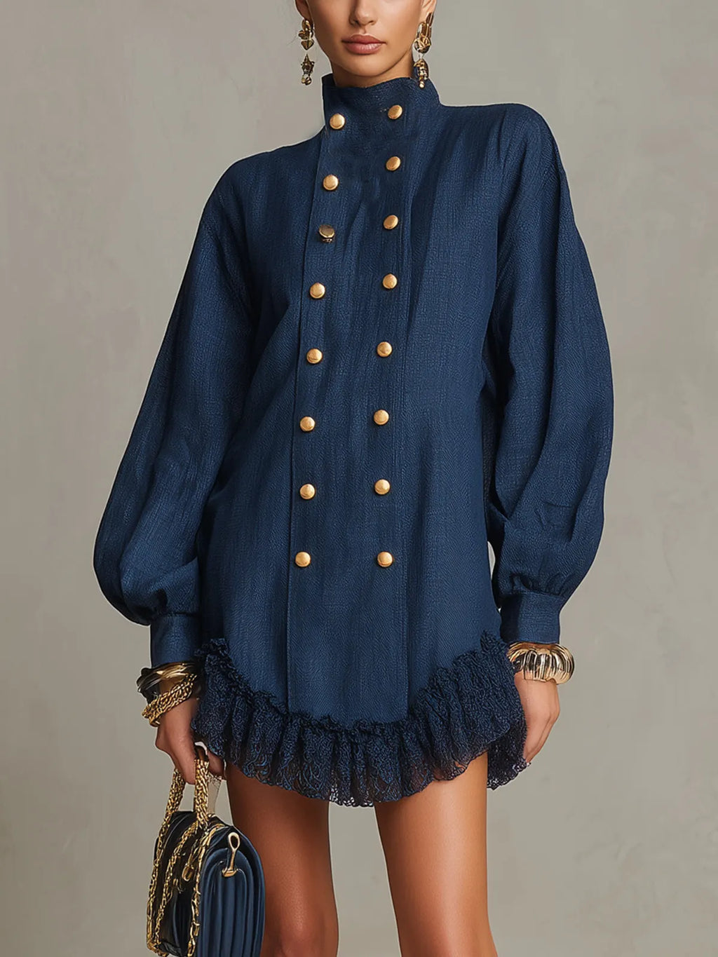 Navy High Neck Button Detail Ruffle Hem Mini Dress