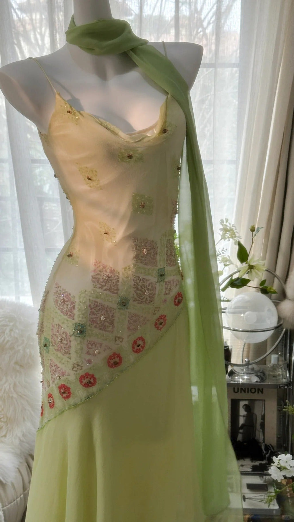 Green Elegant Romantic Delicate Floral Beading Spaetti Strap Long Chiffon Homecoming Ball Gown Evening Dress Birthday/Wedding Guest/Holiday Party Dress Prom Dress 4024