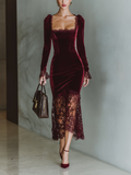 Women's Burgundy Velvet Lace Fitted Maxi Dress MDA1190J4T