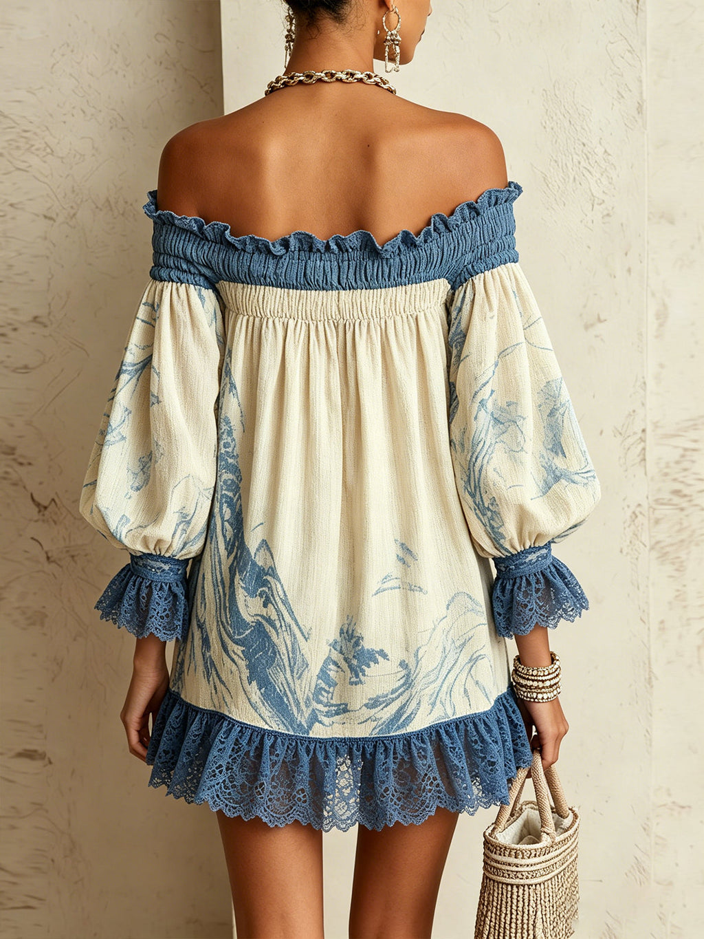Off-Shoulder Cream And Blue Mini Dress With Lace Trim And Puff Sleeves