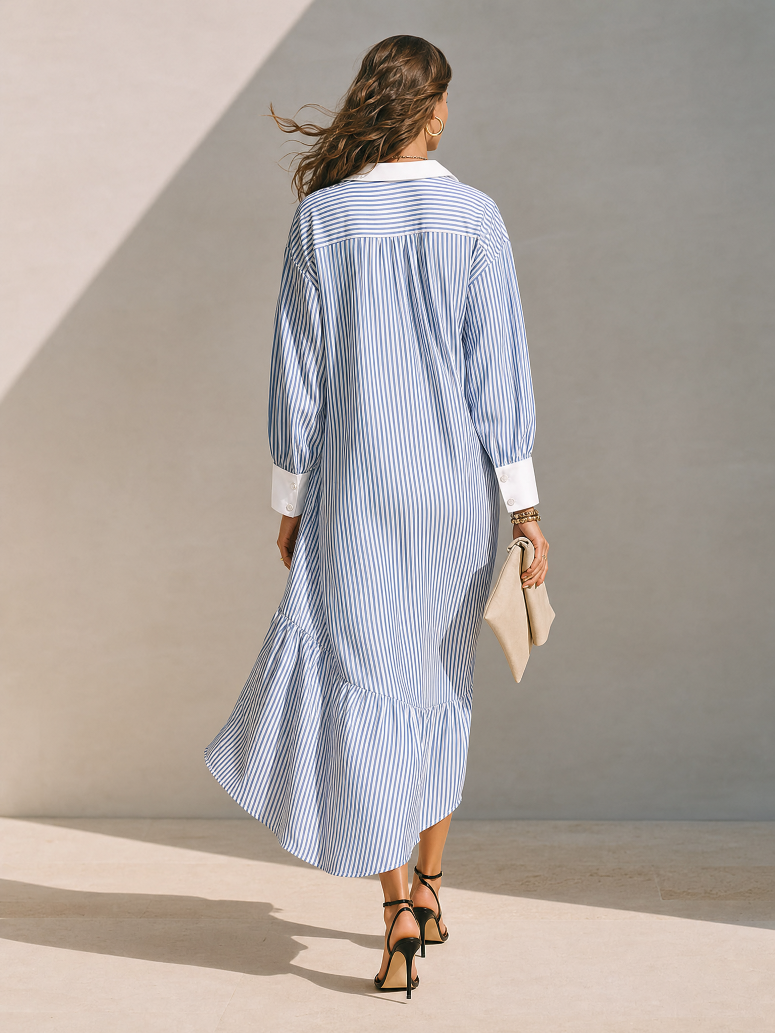 Women's Blue & White Vertical Stripe Cotton-Linen Shirt Dress With Contrast Cuffs MDZ0822G8ZRK