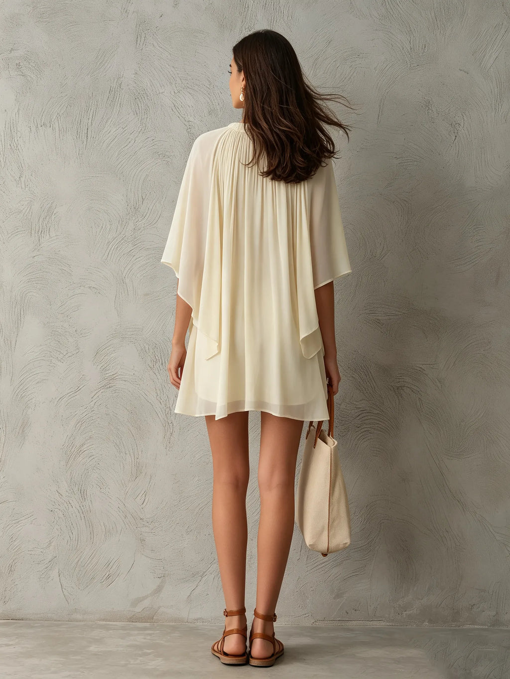 Women's Casual Beige Chiffon Short Dress With Cape Sleeves MDZ0165G8LXY