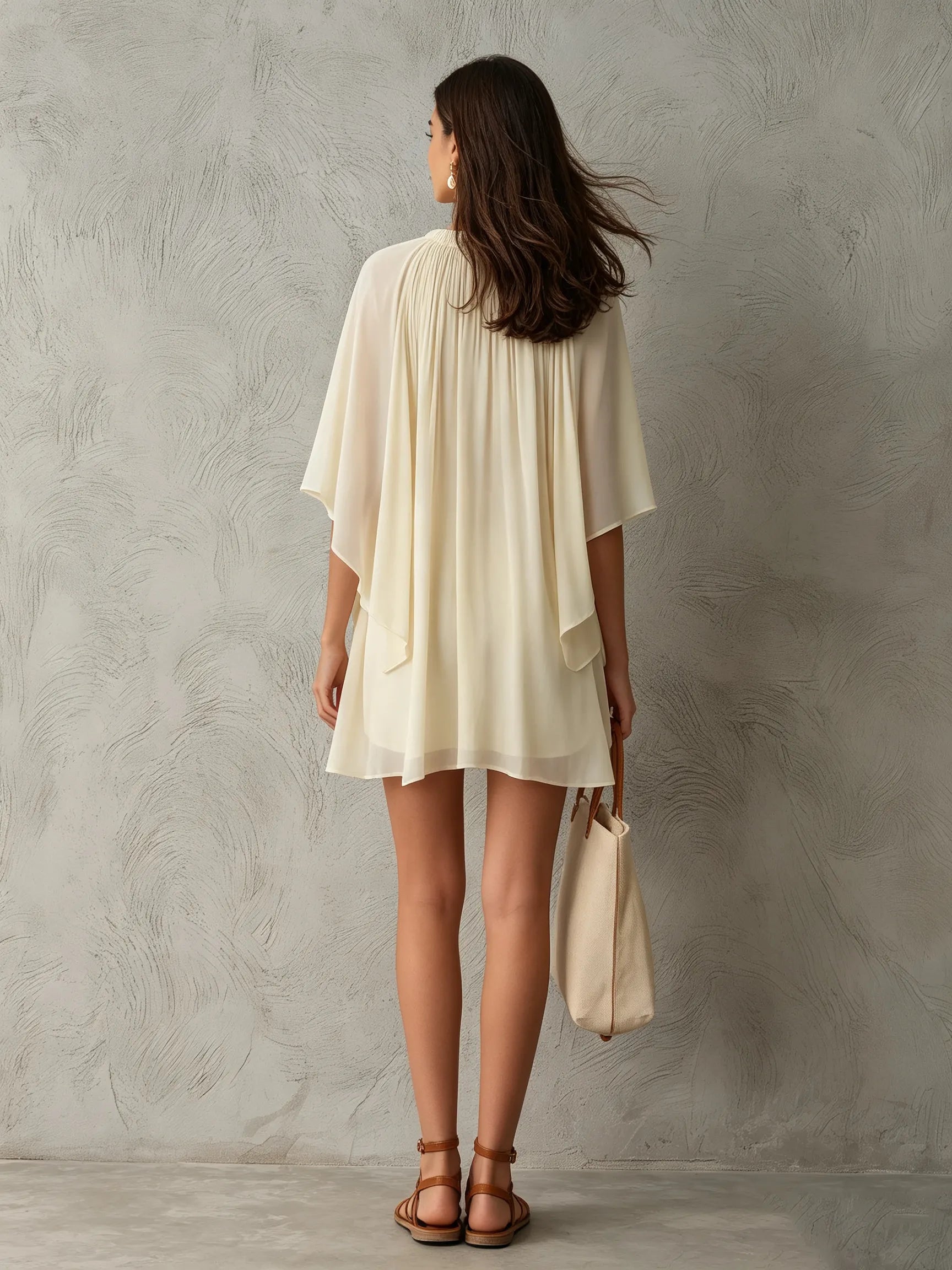 Women's Casual Beige Chiffon Short Dress With Cape Sleeves MDZ0165G8LXY