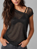 Black Sheer Sparkle Knit Asymmetrical Off-Shoulder Top